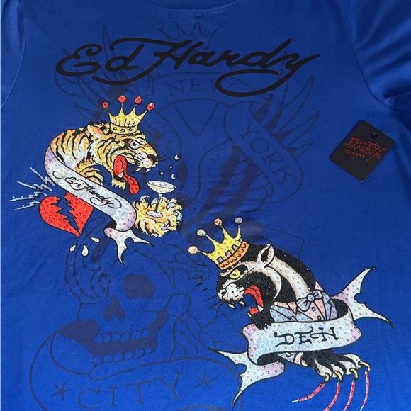 Ed Hardy Other - Ed Hardy Blue Short Sleeve Tee with Tiger & Panther Crowns